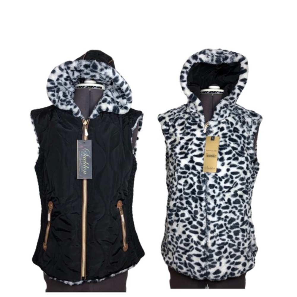 Saeldon Women Reversible Black White Animal Print Pockets Zippered Vest ‎ L